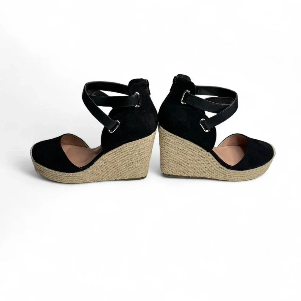 Black Suede Espadrille Wedge Sandals Boho Festival